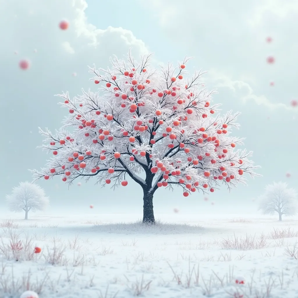 Snowy meadow, snow-capped persimmon tree, one persimmon tree with red fruit, background is empty cloudy sky, super 4K resolution, surreal, photography style.