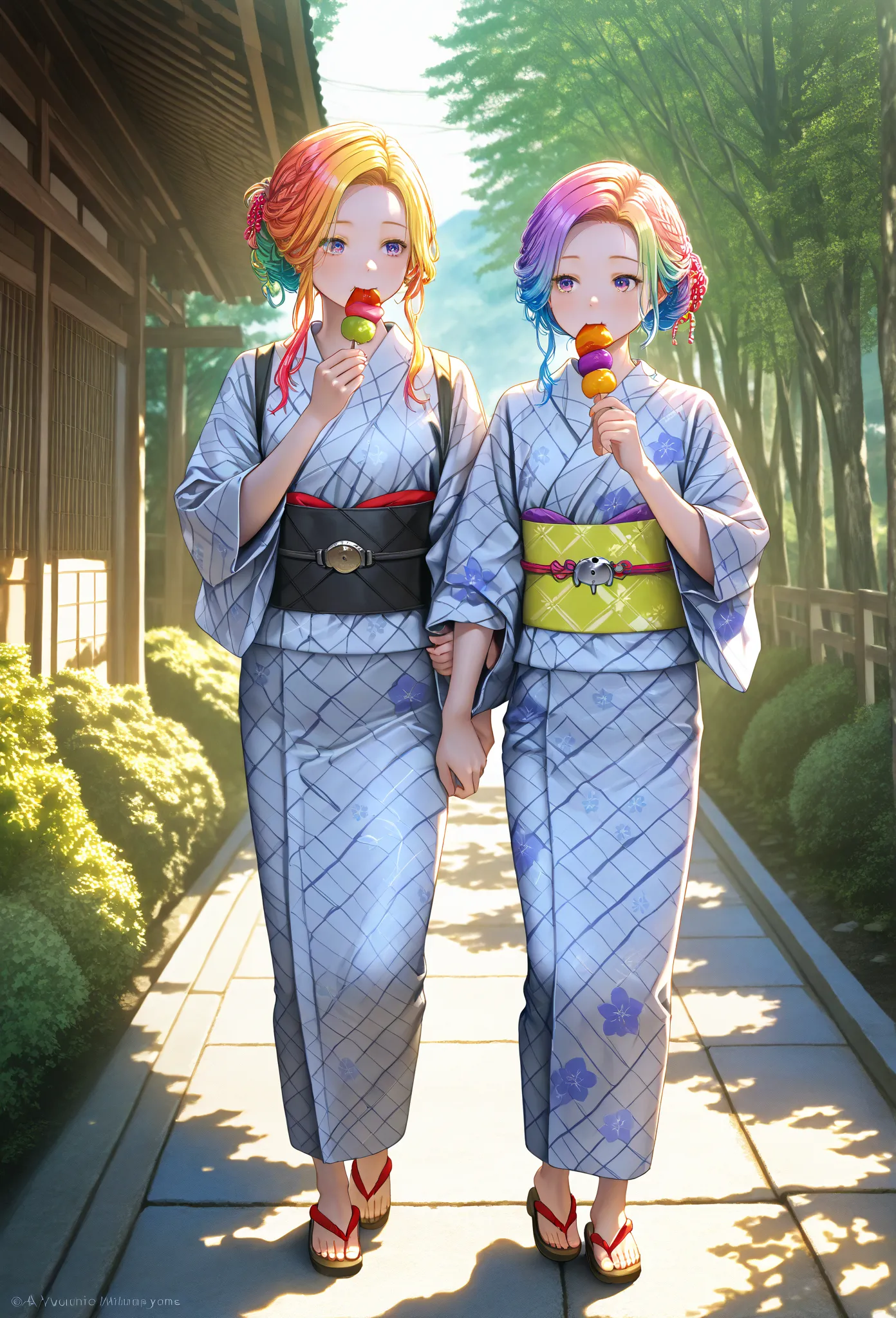    young  , color々hairstyle,yukata,fair, eating walking