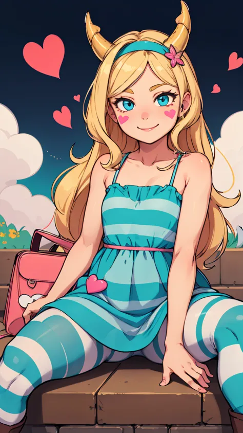 starbutterfly, 1girl, blonde hair, horned headwear, hairband, long hair, solo, teal dress, heart, blue eyes, facial mark, very long hair, smile, boots, striped pantyhose, striped, bag, blush stickers,looking at viewer,sitting, spread legs,    