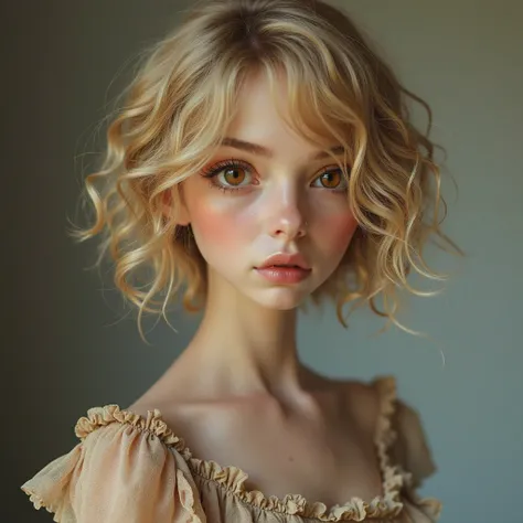  real human girl (Person with human traits)( a real feminine person) (  appearance)  with short wavy hair. blond color,  amber eyes. He wears a hairpin in his hair,  has a mole on her neck , wears a dress that covers her shoulders