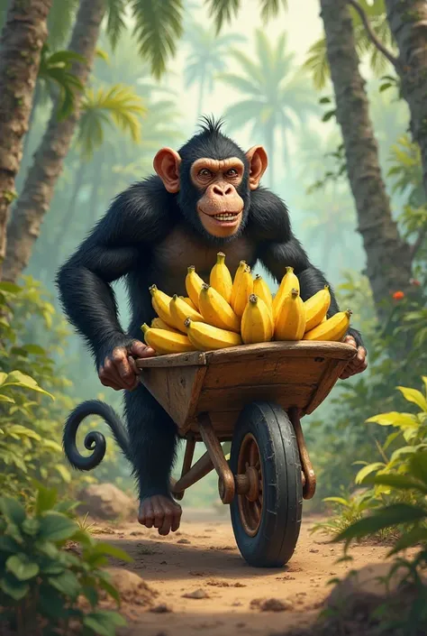 The black monkey is pulling a wheelbarrow full of bananas on its shoulders.

