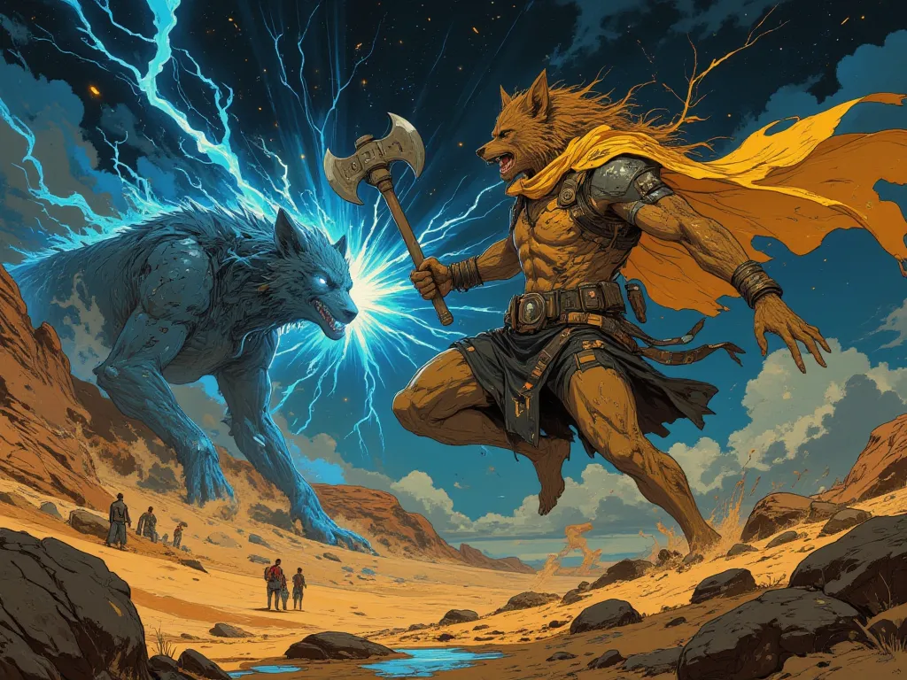 Imagine a werewolf flying with an axe in his hand he has a golden aura around him his fur is golden, She has a kilt and jeans underneath, He fights against a blue dragon that has an electric blow, the fight is intense filled with insane movements worthy of...