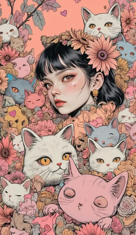  Gothic Lolita woman is hugging lots of stuffed cats、flower、 heart、Feminine Gothic Aesthetics   , Close up details, Detail shot,   with clear details ,   Artie Love Blow Style , Silkscreen Art ,  closeup photo ,  extra fine ink details  ,   silkscreen prin...