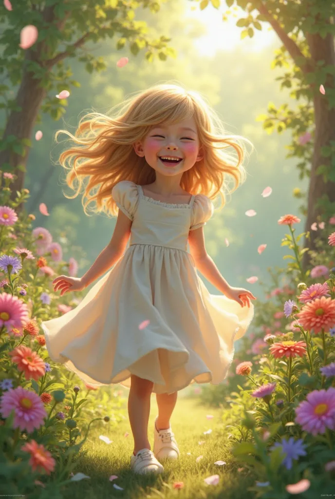 Real photo of a  girl wearing a white dress and white blonde shoes in a laughing garden