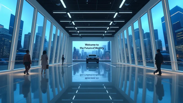 A very modern Nissan showroom with huge glass walls featuring futuristic cityscapes outside. In it, there is a glossy floor reflecting blue LED lighting, while giant screens display the slogan "Welcome to the Future of Mobility".  
