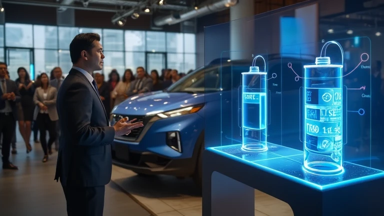 A presenter dressed in an elegant suit stands in front of the latest Nissan EV, explain the vehicle's advanced features to the audience. A holographic screen beside it displays interactive visuals about the latest battery technology.  
