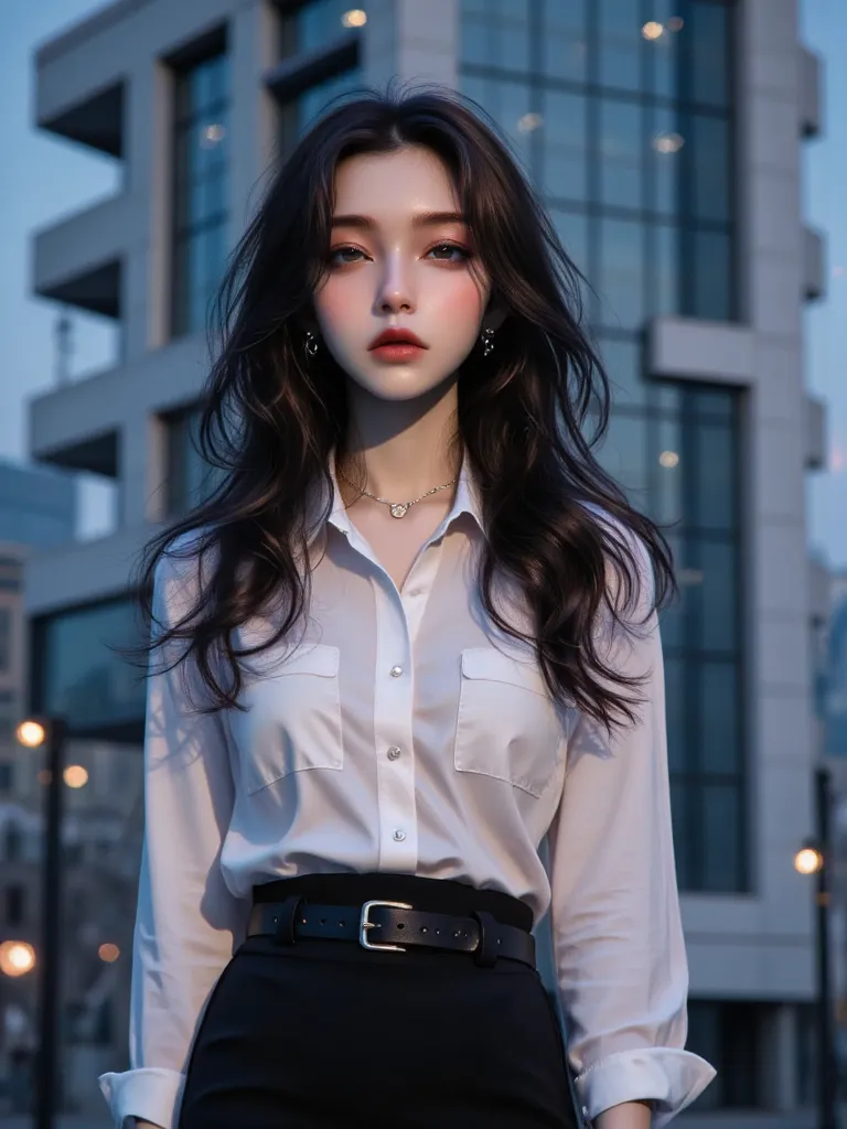 ((Medium Shot, Realistic Cinematic, 4K High Resolution))

A poised Thai woman, 26 to 28 years old, stands confidently in front of a sleek office building at night, her presence refined and captivating. Her sharp, well-defined features—high cheekbones, a so...