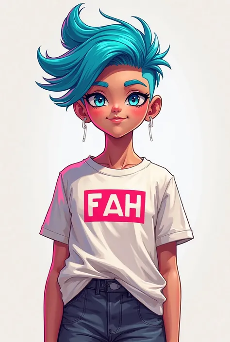 Chick gets banged hair with white shirt logo on shirt "fah"