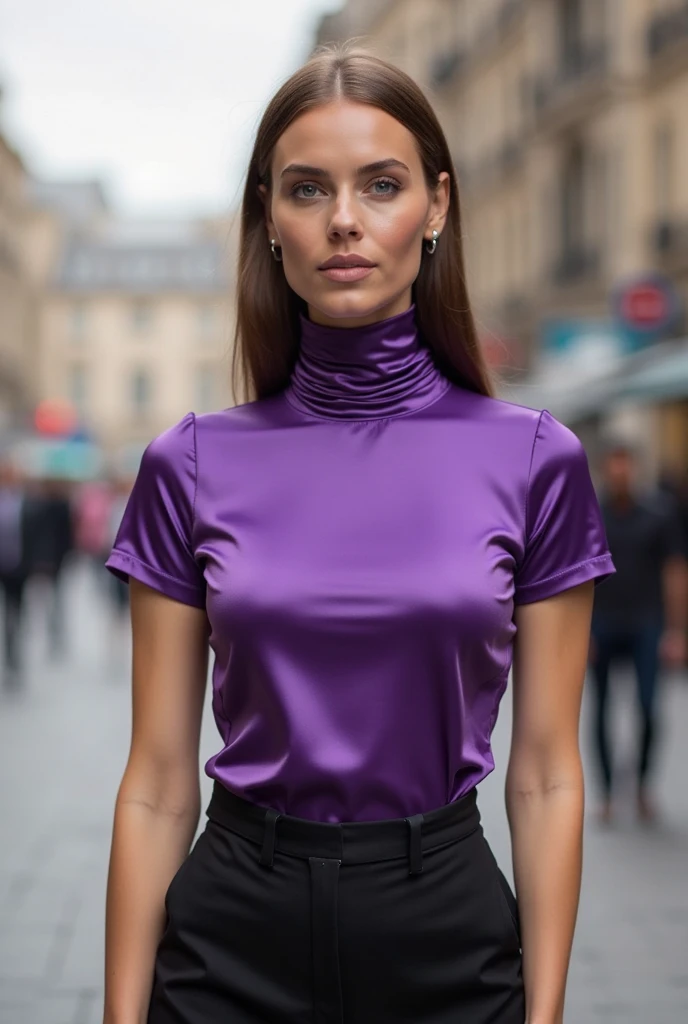 A beautiful woman with an extremely long neck. She wears a short-sleeved purple turtleneck made of satin, of a color that highlights her figure. The collar of the garment is high and tight, remaining completely attached to her skin, creating wrinkles in th...