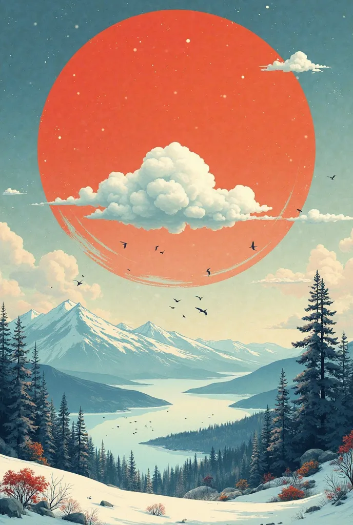 this is poster image.size is Facebook single poster.circle inside cloud,sky ,land, water,1 big mountain ,sun, birds,snowy day, paint all object mongolian traditional art