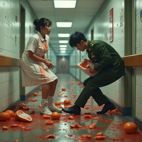 Ultra-realistic, high-quality photograph of a chaotic corridor scene. An army officer in uniform, clutching stolen blood transfusion packs, slips on a floor scattered with grapefruit pieces and collides with a nurse wrapping a whole kimchi package. Both ar...