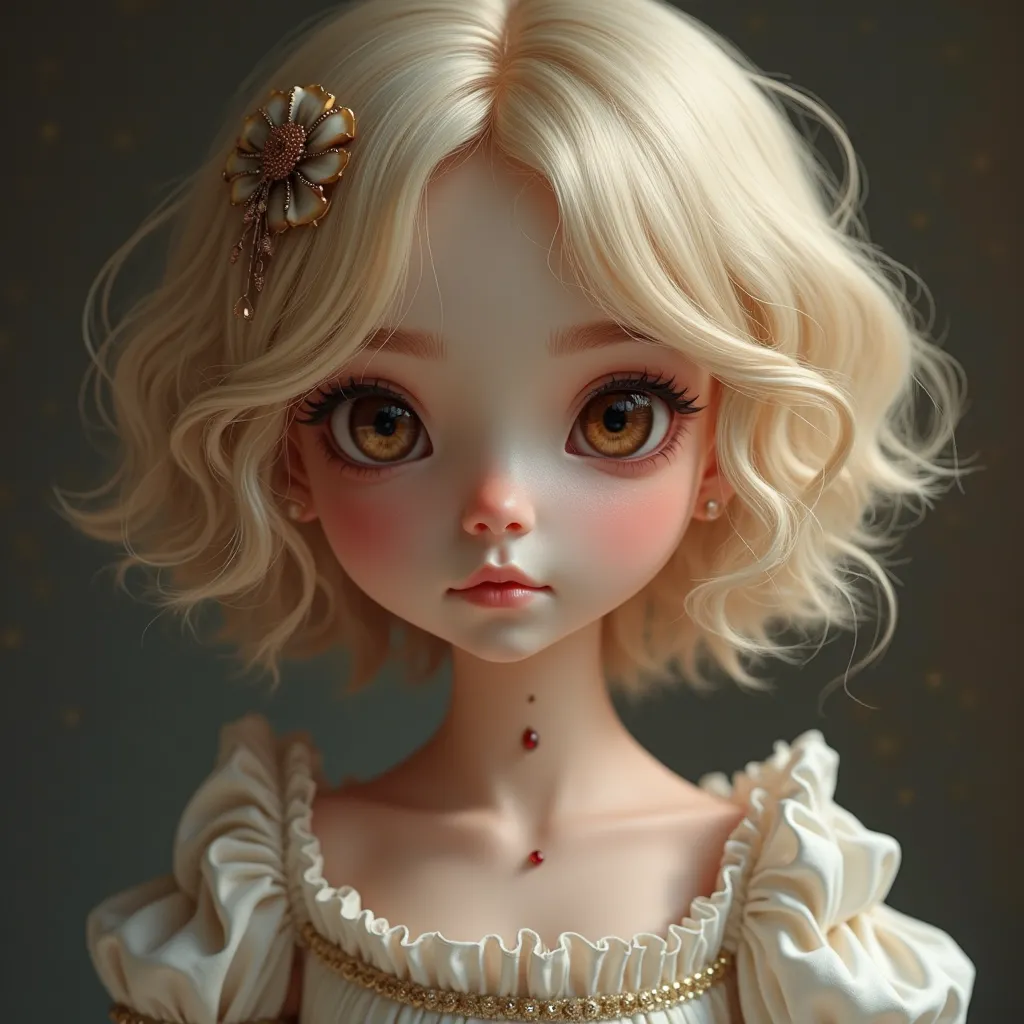  real human girl (Person with human traits)( a real feminine person) (  appearance)  with short wavy hair. blond color,  amber eyes. He wears a hairpin in his hair,  has a mole on her neck , wears a dress that covers her shoulders