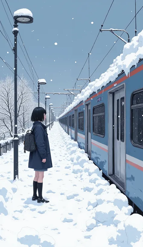 At the station where it snows a lot、High school girl standing on the platform、Snow is piled up on the train, Manga drawn by Yanagawa Nobusada ,   pixiv contest winner,  what ？, Shintaro Kago,  Anime Aoki Shigeru   , Oshii Mamoru's painting style ,     Japa...