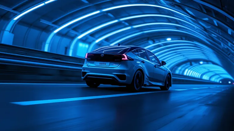 A Nissan EV passing through a tunnel with blue fluorescent lighting reflecting the car's futuristic design. The camera captures a cinematic effect from the bottom angle, showing the speed and agility of the vehicle.  
