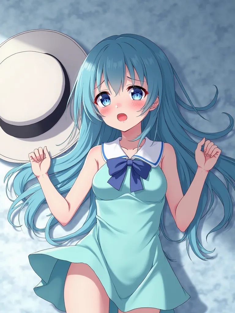 blush face, crying shocked face, anime girl long sky blue hair blue eyes, big white sun hat aquamarine halter dress white collar blue ribbon bowtie, Laying On Floor, Paper thin, flattened into pancake, laying on floor, paper thin flat as a pancake