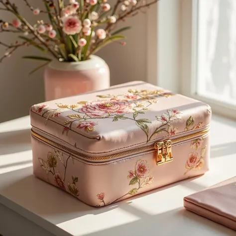 A luxurious empty storage box with zipper lid, 14x20x11 cm., covered in silk fabric, featuring delicate floral embroidery for an elegant and sophisticated look. The box is structured with a soft foam-padded exterior, giving it a plush and premium feel whil...