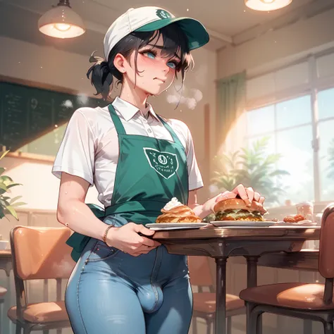 Femboy boy, short black hair with a ponytail back, dressed in a green apron, a white shirt, jeans, green cap, with a large bulge in his crotch, cafeteria, sweat, steam, breath, nervous.