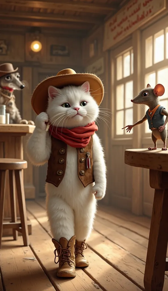 A white cat dressed as a cowboy walks into a Wild West saloon. He wears a brown leather hat, a suede vest, and spurred boots. The saloon has wooden floors, swinging doors, and a dusty atmosphere. A dog bartender in a vest is pouring a glass of milk on the ...