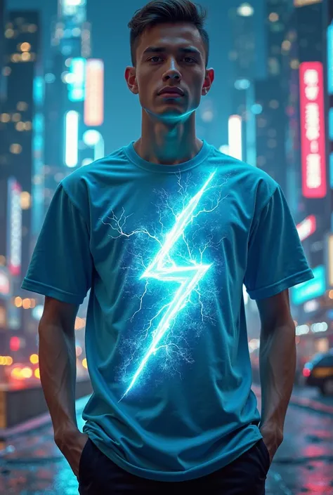 turquoise shirt with a lightning bolt