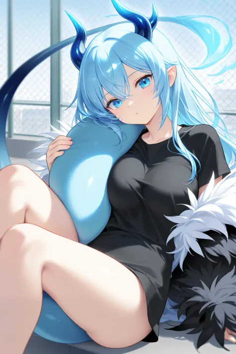 Best Picture Quality、high resolution、 diamond blue hair 、 blue eyes、Feather coat、 day、Alien Tail、 Dragon Horn、rooftop、、   black t-shirt 、beautiful breasts、  best thighs、Blue aura、  long hair、best image quality、Knee pillow