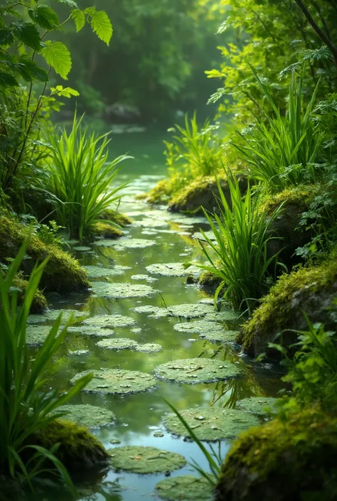 Green leaves, grass, fresh, dew, moist, water droplets, moisy mossy rock, moss, ponds