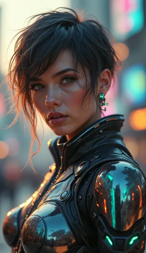 A mesmerizingCreate a highly detailed and realistic portrait of a sensual female combatant from the future. She was supposed to wear sexy, advanced, high-tech combat armor with sleek metallic surfaces and integrated futuristic gadgets like energy shields a...