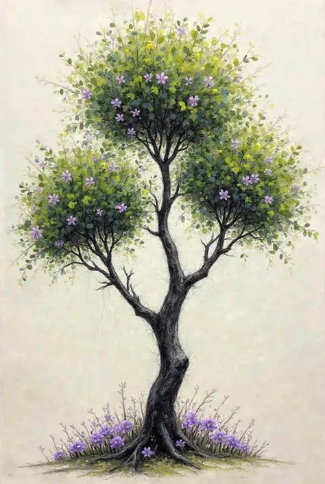 make a charcoal drawing of tree with 3 branches, and have color green little leaves and purple flowers