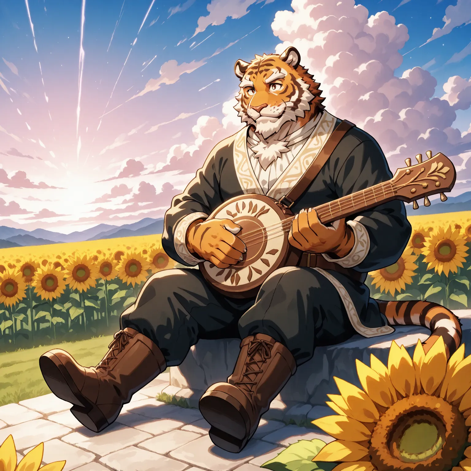 character focus, full body, looking away, dynamic angle, bard, middle-aged tiger man, happy, little smile, musical instrumentute lute, fantasy bard costume clothes, shirt, slacks, boots, sitting, musical lute performance, BREAK full body in Michelangelo Bu...