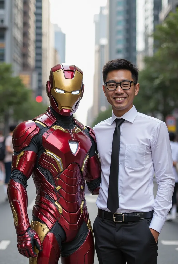 A 30-year-old Indonesian man in a white shirt and black tie stands next to a masked superhero character in a futuristic red and gold costume. The superhero is wearing shiny armor with intricate designs and carries a futuristic sword at his waist. They pose...