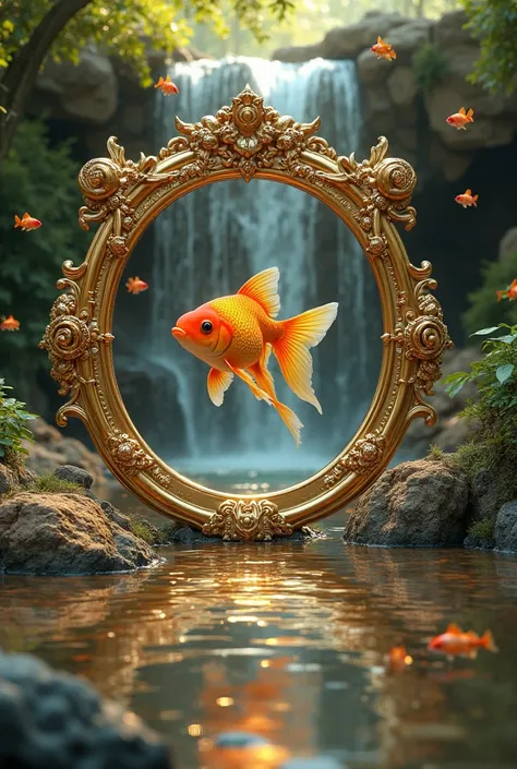  gold mirror , Side with goldfish, Inside the mirror waterfall water background,  Gold bass band 