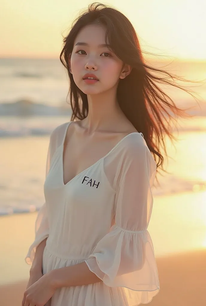 Beautiful girl on the beach in white dress with itam hair on her shirt there is a logo "fah" cewe Korea