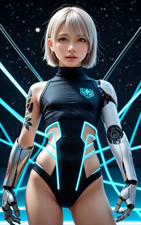 rating_explicit, score_9, score_8_up, score_7_up, masterpiece, best quality, 1girl, solo, グラビア, 1pony, (futuristic cybernetic body:1.3), (posing in a zero-gravity environment:1.2), (glowing neon tattoos:1.4), (space station background:1.3), (holographic in...