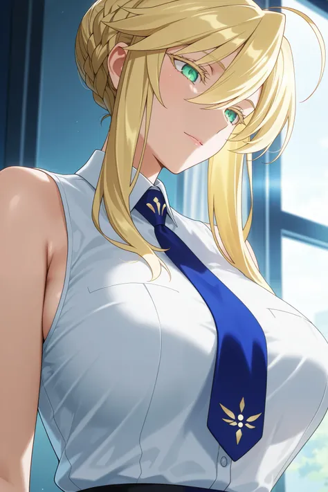 masterpiece,best quality, amazing quality, very aesthetic,newest, 1girl, elegant mature woman, milf, artoria pendragon (lancer) (fate), upper body, tie, sleeveless collared shirt, side boobs, soft light, , anime screencap                                   ...