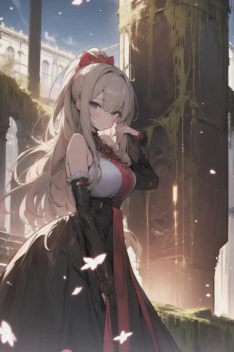  anime, comics, Amagi Brilliant Park,Sento Isuzu, looks like an adult,Beautiful Girl,  Fantastic, ponytail,  Slim waist, Big Breasts,  lustrous hair, Dark Gothic Dress, ruins, Ruined Castle, Glowing Flower, Pillars Involved with Ivy, moonlight, Restless Ex...