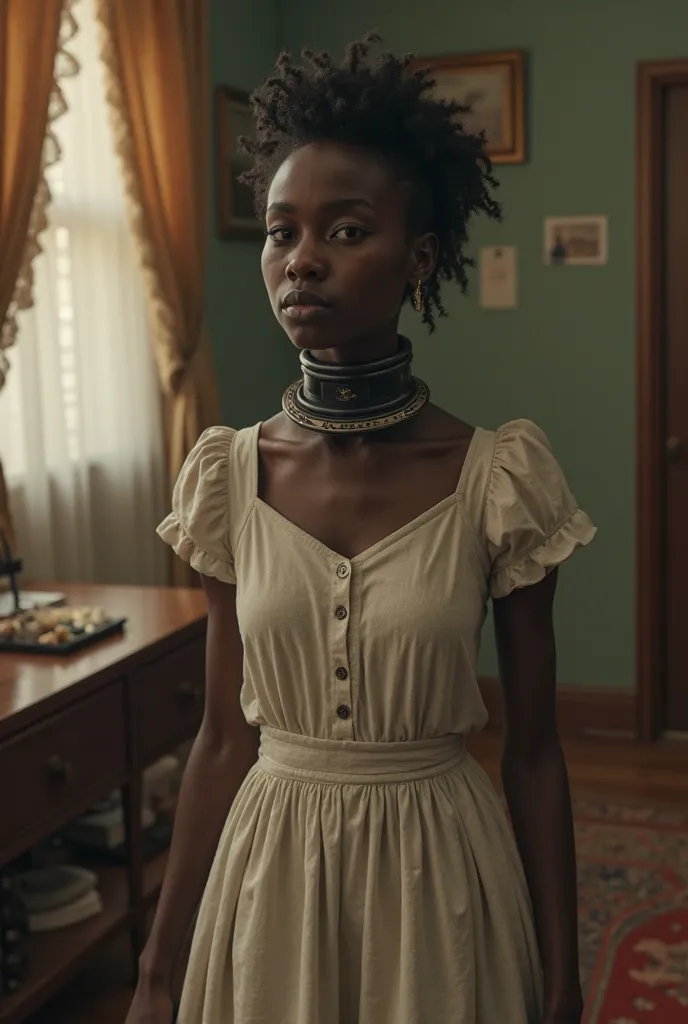 2025 18 year old legal Registered chattel African female house slave. she wear permanent shockcollar with fridchip. she wear slave maiduniform . She is doing household chores 