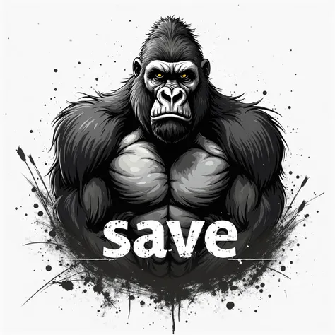 A black and white image with a drawing of a gorilla,  Written SAVE