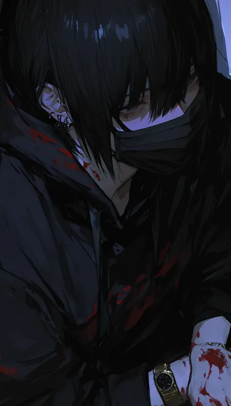  Masterpiece,  top quality,  748cm style .  1 boy,  White Background ,  from above, black medical mask, ( black hoodie:1.1),  tie, :), (Blood on clothes:1.1), A completely dark place, night ,  bloody hands , Blood on face, Wolf Cut Earrings, hair with a lo...