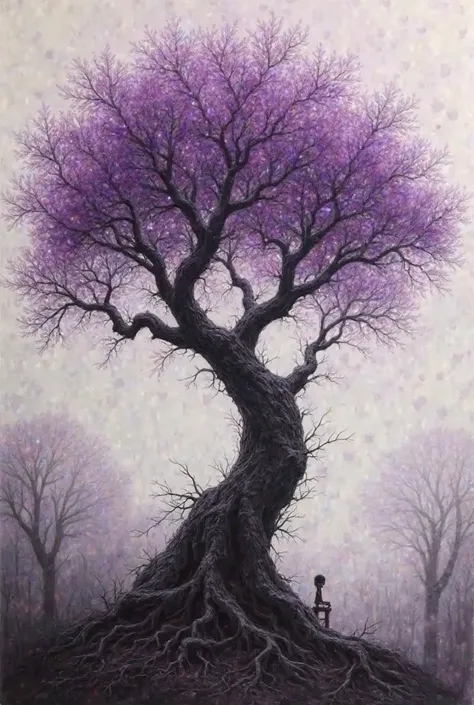 make a charcoal drawing of a purple tree with 3 branches