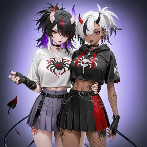 1girl, ponytail, ((split colored hair, black on the left, white on the right)), ((white hair over right eye)), black hair, red eyes, black cropped hoodie with short sleeves and spider decals, ((black lips)), choker, earrings, fishnet elbow gloves, fingerle...