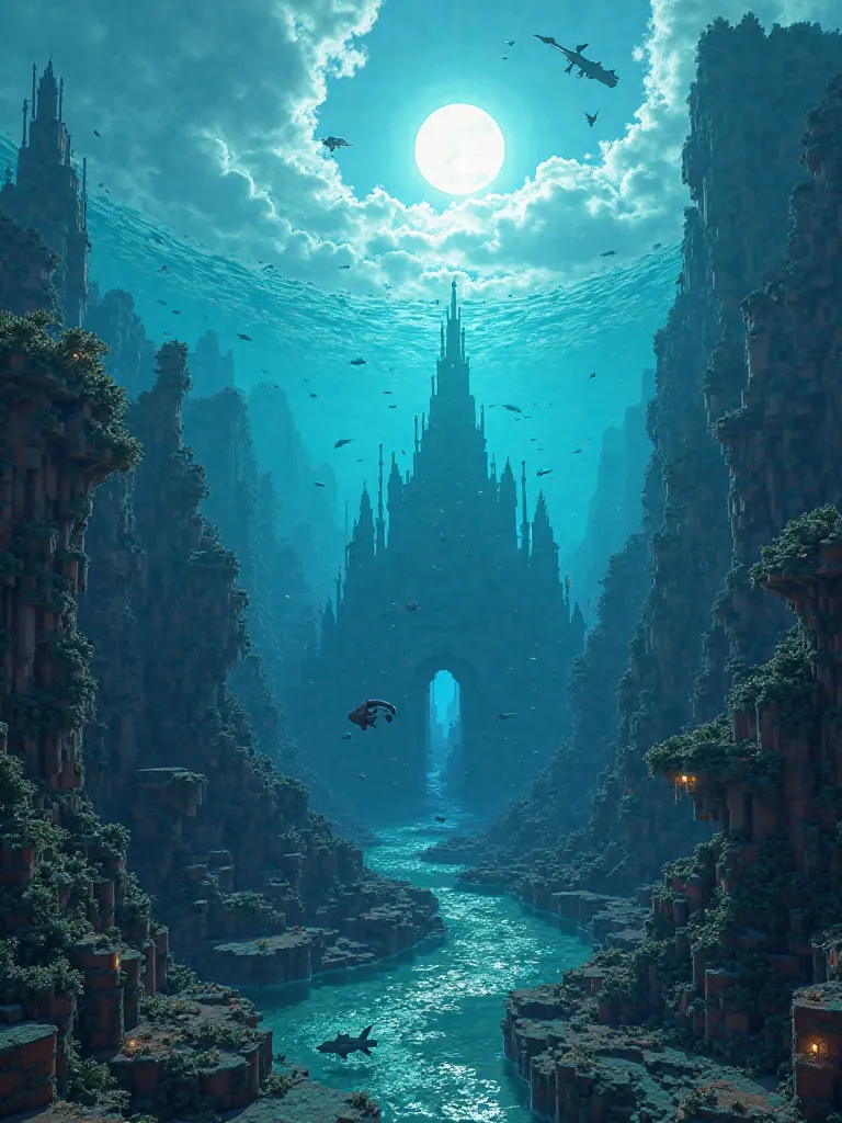 A very realistic Minecraft landscape, being a city from the depths of the sea like Atlantis, That it is populated, with fish and creatures everything as seen in the video game, with the same theme , Epic
That it has the lighting, The highlights, , shadows ...