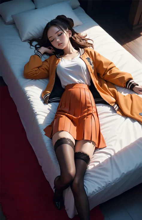 from above, pretty young girl, lying down on futon, at red carpet room, her head on futon, turning face up, (closed eyes), BREAK, {forehead, black medium hair, lhalf updo, single bun)}, BREAK, ( (orange and black letterman jacket, open jacket), (white coll...