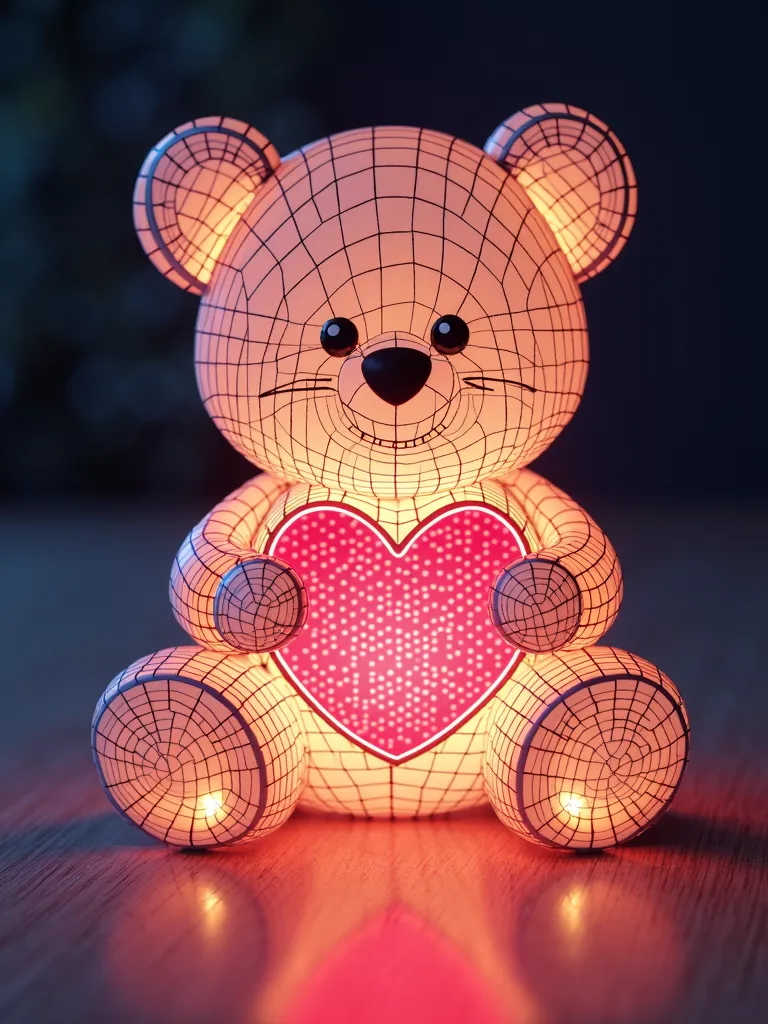 An artistic illustration of a seated teddy bear holding a heart, featuring a glowing grid design for a 3D illusion effect. The bear has large, round ears and a slightly tilted head, lending it a playful and endearing expression. The entire design is illumi...