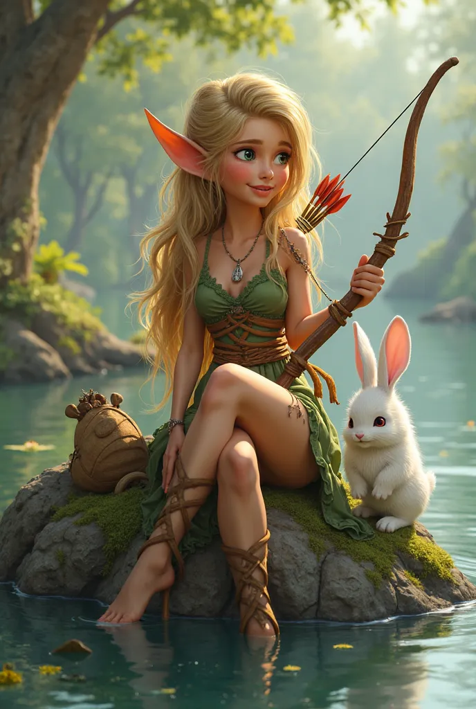 A female fairy with light brown skin tone, blonde hair, wearing clothes made from things from nature; sitting on a rock in a lake. Holding a bow with both hands and a backpack full of arrows, next to her a white rabbit. Style animated and Fantasy. 