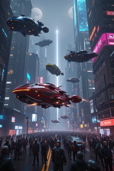 (best quality,4k,8k,highres,masterpiece:1.2), ultra-detailed. Space vehicles fly around shooting lazers at each other in the middle of a crowded super city in the future. Iconic images. Different spacecraft fly and crash into buildings and in the street.  ...