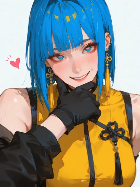 Tomboy_Key Points,  blue_hair, one_ eyes_closure, Jewelry, earrings, Heart, yellow_ eyess, Gloves,  Smile, 正exist查看_exist_Viewer, Long_hair, alone_Key Points, pinch,  blush,  black_Gloves, hair_ between_ eyess, cheek_pinch, tassel_earrings,  simple _backgr...