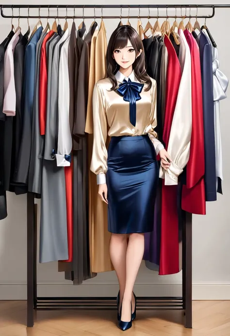 bow blouse, A photorealistic full-body shot of a stunning 24-year-old Japanese woman, exuding the refined beauty of a movie actress, dressed in a chic office style. She has semi-long hair and a gentle, serene smile on her face. She is standing confidently ...