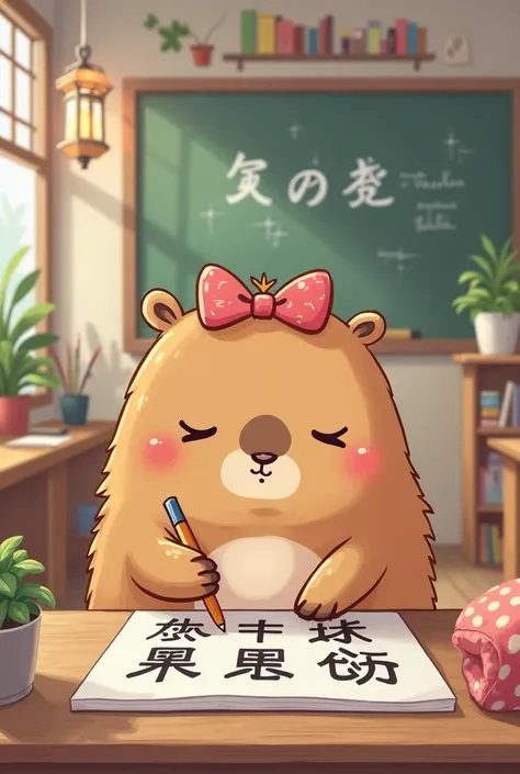 Cute capybara kawai studying letters in a classroom