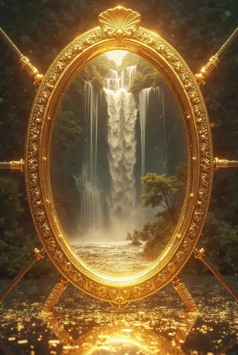  gold mirror , Inside the mirror waterfall water background, Golden swords crossing behind the mirror