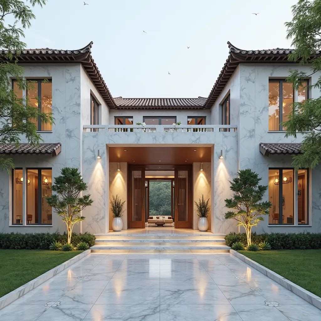 Modern Chinese style villa、Single building、front、entrance doors on the left and right sides are two stories high、Large doors and windows on the left and right sides、bright light marble tiles