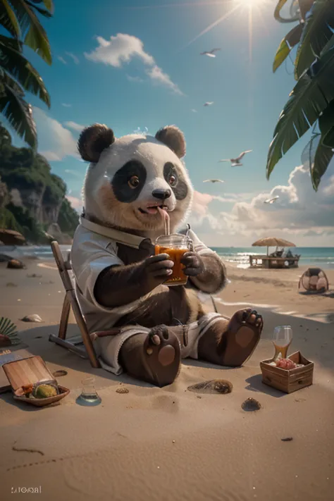 Make the panda move to drink from the glass it is holding, the birds behind it also move to fly and the beach water moves with the waves. Make it as neat as possible